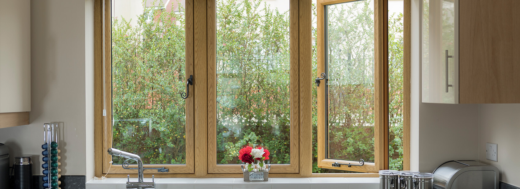 Oak effect uPVC flush sash windows interior view